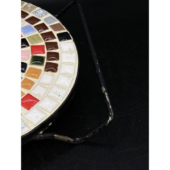 Mid Century Mosaic Tile Oval Trivet Multicolor Pink Hearts Black Metal Handles - Picture 3 of 14